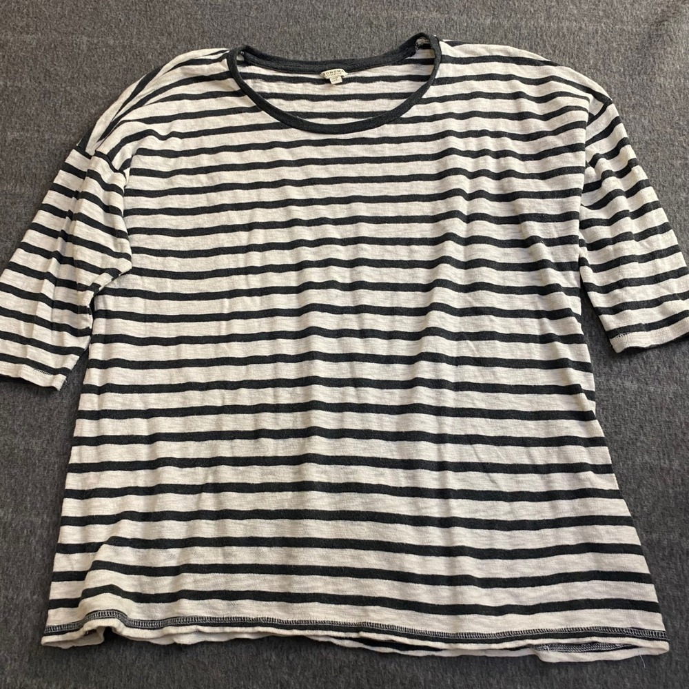 Sonoma Life Style Womens 1X Striped Cotton 3/4 Sleeve Top Gray White Crew Neck